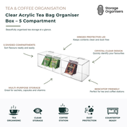 Clear acrylic tea bag organiser box with 5 compartments and hinged lid, designed for neatly storing and displaying tea bags, coffee sachets, sweeteners, sachets, and drink accessories. Crystal-clear countertop storage container keeps contents visible, organised, dust-free, and easily accessible for tea and coffee stations, kitchen benches, office break rooms, and pantry organisation.
