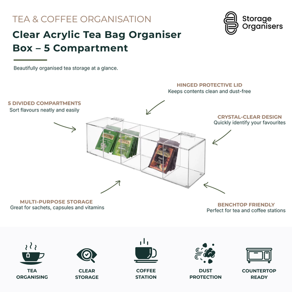 Clear acrylic tea bag organiser box with 5 compartments and hinged lid, designed for neatly storing and displaying tea bags, coffee sachets, sweeteners, vitamins, and drink accessories. Crystal-clear countertop storage container keeps contents visible, organised, dust-free, and easily accessible for tea and coffee stations, kitchen benches, office break rooms, and pantry organisation.