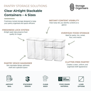 Clear airtight stackable pantry containers in 4 sizes with food-grade material, transparent body, and space-saving design for organised kitchen and dry food storage