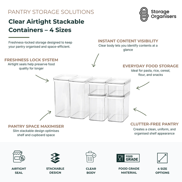 Clear airtight stackable pantry containers in 4 sizes with food-grade material, transparent body, and space-saving design for organised kitchen and dry food storage