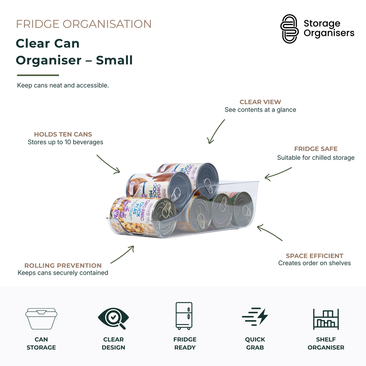 Clear can organiser for fridge storage, designed to hold up to 10 beverage cans while keeping shelves neat and accessible. Transparent BPA-free storage bin provides clear visibility of contents, prevents cans from rolling, and maximises refrigerator space for soft drinks, sparkling water, energy drinks, and canned beverages