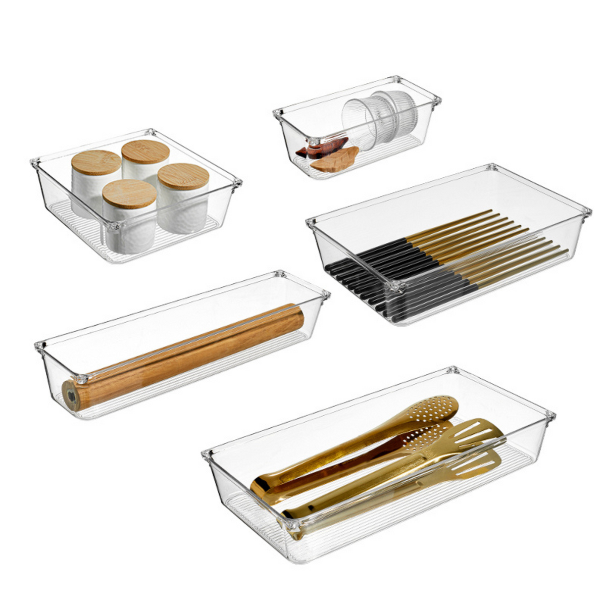 Clear Drawer Organiser Set – 8pc Modular Storage showcasing versatile kitchen organisation for utensils and pantry items.