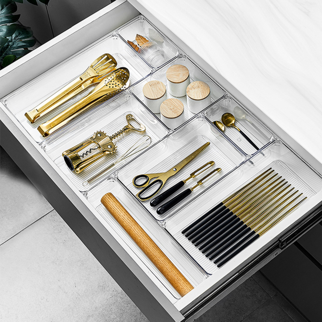 Clear Drawer Organiser Set – 8pc Modular Storage used for kitchen utensil storage, enhancing kitchen organisation with neat layout.