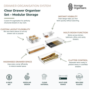 Clear drawer organiser set with 8 modular storage trays for kitchen, bathroom, office, and vanity drawers, featuring BPA-free clear plastic and customisable compartment layouts