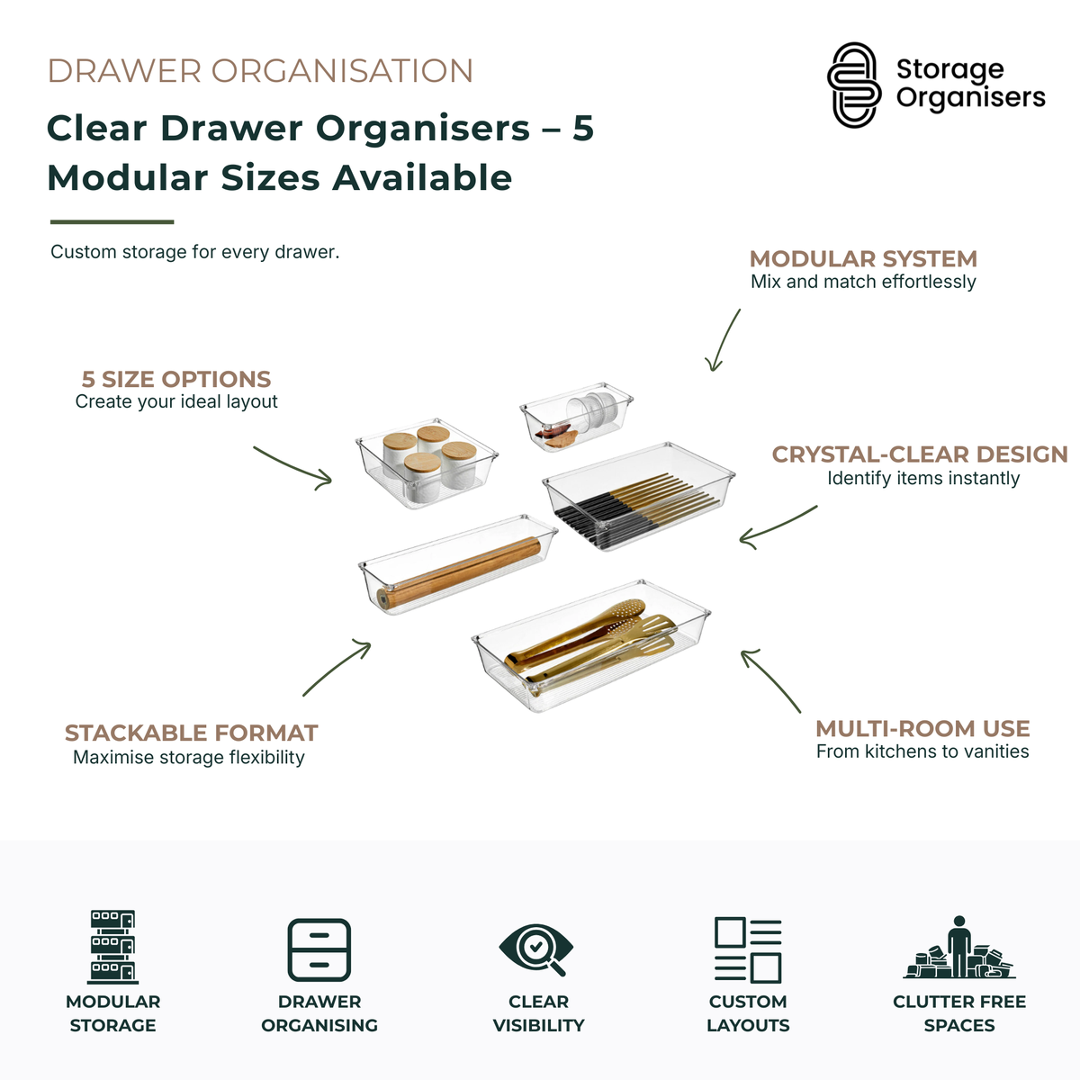 Clear drawer organisers available in five modular sizes, designed to create customised storage layouts for kitchen drawers, bathroom vanities, office supplies, wardrobes, and household essentials. Made from crystal-clear plastic for instant visibility, these stackable drawer organiser trays can be mixed and matched to maximise space, reduce clutter, and keep items neatly organised in any drawer or cabinet.