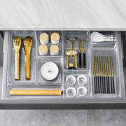 Clear Drawer Organisers – 5 Modular Sizes Available neatly storing kitchen utensils and spices, enhancing kitchen organisation.