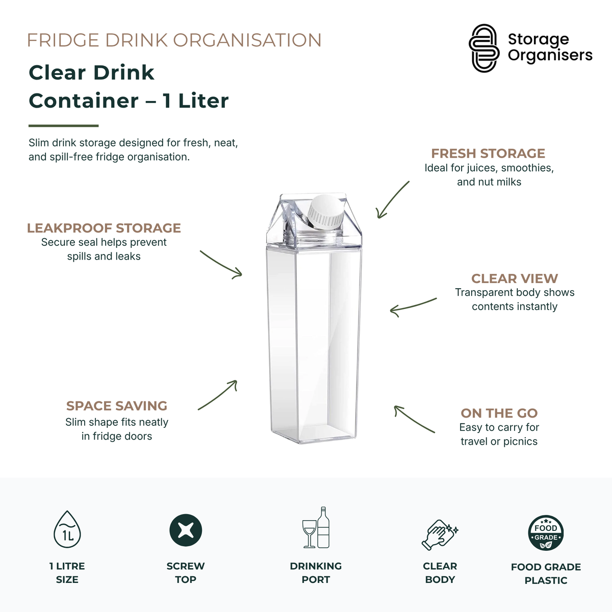 Clear 1 liter drink container with leakproof screw-top lid and slim space-saving design for fridge storage, juices, smoothies, and food-grade beverage organisation