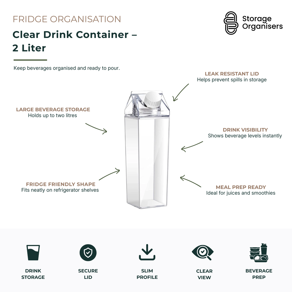 Clear 2-litre drink storage container with secure leak-resistant lid, designed for refrigerator organisation and beverage storage. The slim, space-saving jug fits neatly on fridge shelves while the transparent body allows easy visibility of drink levels. Ideal for storing water, juice, iced tea, smoothies, cold brew coffee, infused water, and meal prep beverages. Featuring a large-capacity design and easy-pour spout, this reusable fridge drink container helps keep beverages organised, accessible, and ready 