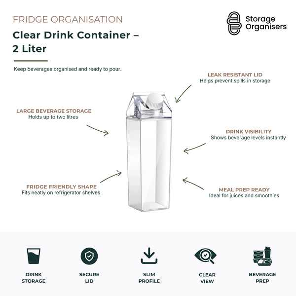 Clear 2-litre drink storage container with secure leak-resistant lid, designed for refrigerator organisation and beverage storage. The slim, space-saving jug fits neatly on fridge shelves while the transparent body allows easy visibility of drink levels. Ideal for storing water, juice, iced tea, smoothies, cold brew coffee, infused water, and meal prep beverages. Featuring a large-capacity design and easy-pour spout, this reusable fridge drink container helps keep beverages organised, accessible, and ready 