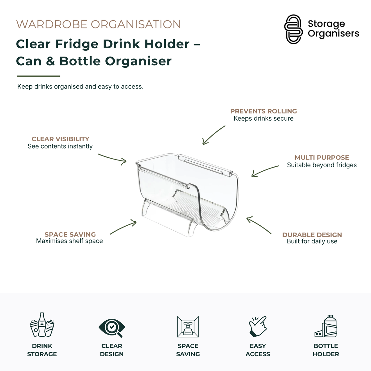 Clear fridge drink holder and can organiser made from durable transparent plastic, designed to neatly store bottles, cans and beverages while maximising refrigerator shelf space. Features a rolling-prevention design to keep drinks secure, clear visibility for quick access, and versatile storage suitable for fridges, pantries and kitchen cupboards. Practical space-saving solution for organised beverage storage and easy everyday access.