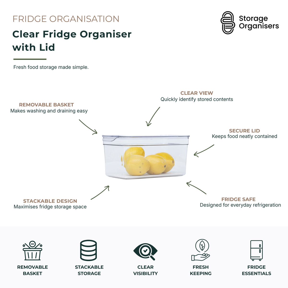 Clear fridge organiser with lid and removable basket for fresh food storage and refrigerator organisation. Transparent food storage container provides clear visibility of contents while the secure lid helps keep produce, fruit, vegetables, and meal ingredients neatly contained. Stackable design maximises fridge shelf space, and the removable basket makes washing, draining, and food preparation easy. Ideal for organised, space-saving refrigerator storage.