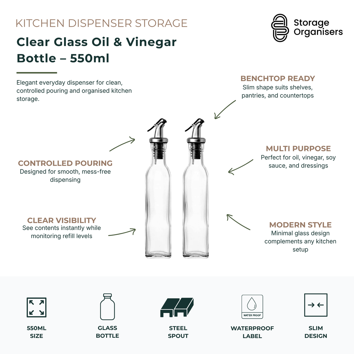 Clear 550ml glass oil and vinegar dispenser bottles with stainless steel pour spouts for controlled kitchen dispensing, pantry storage, and modern benchtop organisation