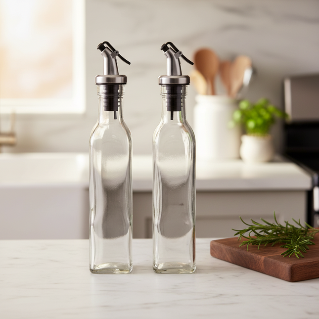 Clear Glass Oil & Vinegar Bottle – 550ml Dispenser for kitchen organisation, perfect for enhancing pantry and dining areas.