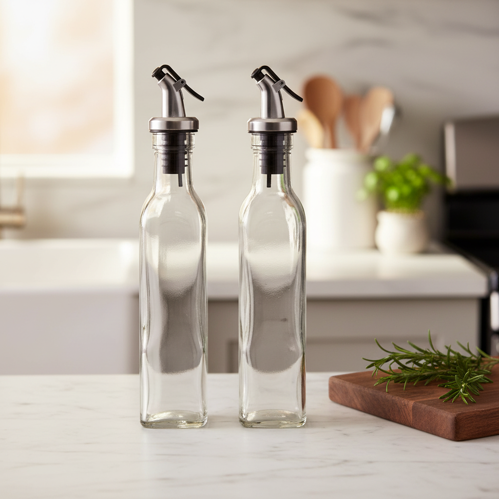Clear Glass Oil & Vinegar Bottle – 550ml Dispenser for kitchen organisation, perfect for enhancing pantry and dining areas.