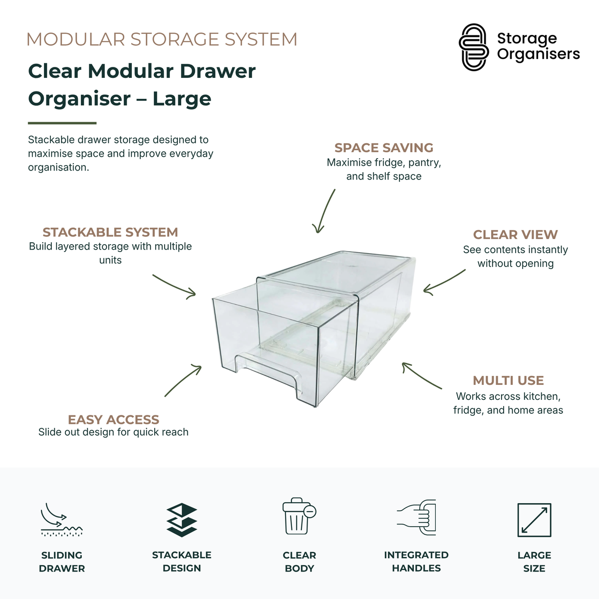 Large clear modular drawer organiser with sliding drawer design for stackable kitchen, pantry, fridge, and home storage organisation solutions
