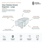 Large clear modular drawer organiser with sliding drawer design for stackable kitchen, pantry, fridge, and home storage organisation solutions