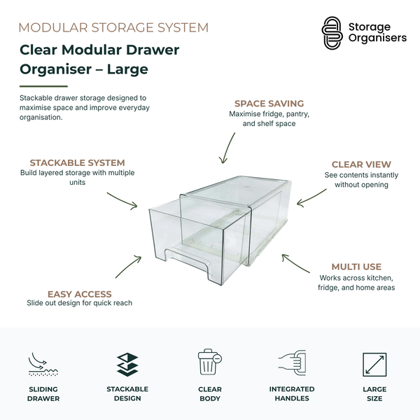 Large clear modular drawer organiser with sliding drawer design for stackable kitchen, pantry, fridge, and home storage organisation solutions
