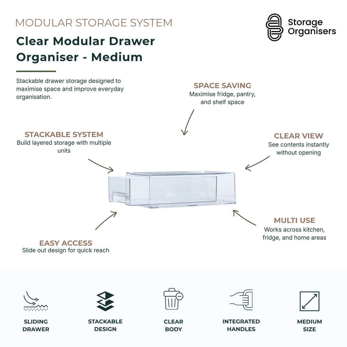 Medium clear modular drawer organiser with sliding stackable storage design for pantry, fridge, kitchen, and home organisation use