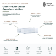 Medium clear modular drawer organiser with sliding stackable storage design for pantry, fridge, kitchen, and home organisation use