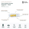 Small clear modular drawer organiser with stackable BPA-free design for organised storage in drawers, fridges, vanities, pantries, and cupboards. Features transparent construction for easy visibility, modular organisation, and space-saving vertical storage, ideal for organising snacks, produce, cosmetics, office supplies, and household essentials.