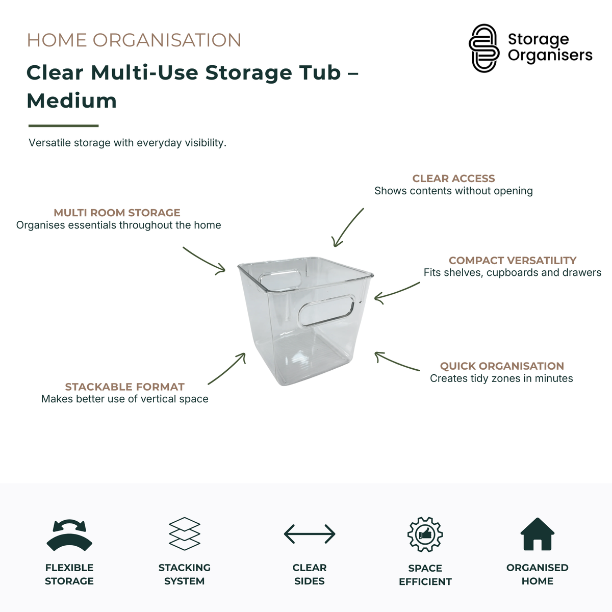 Medium clear multi-use storage tub with integrated side handles designed for versatile home organisation and easy access to stored items. The transparent plastic construction allows contents to be identified at a glance without removing the container, helping streamline pantry, kitchen, bathroom, laundry, wardrobe and office storage. Its compact size fits neatly on shelves, inside cupboards, drawers and storage cabinets while maximising available space. The stackable design supports efficient vertical stora