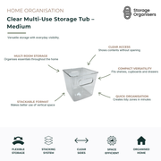 Medium clear multi-use storage tub with integrated side handles designed for versatile home organisation and easy access to stored items. The transparent plastic construction allows contents to be identified at a glance without removing the container, helping streamline pantry, kitchen, bathroom, laundry, wardrobe and office storage. Its compact size fits neatly on shelves, inside cupboards, drawers and storage cabinets while maximising available space. The stackable design supports efficient vertical stora