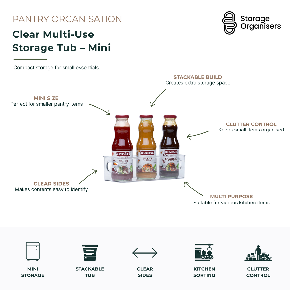 Clear mini multi-use storage tub for organising small pantry items, condiments, snacks, spice jars, sachets, and kitchen essentials. Features transparent sides for easy visibility, a stackable design to maximise shelf space, and a compact footprint for tidy pantry organisation. Ideal for cupboards, refrigerators, kitchen shelves, and small household storage needs.