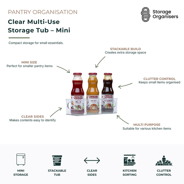 Clear mini multi-use storage tub for organising small pantry items, condiments, snacks, spice jars, sachets, and kitchen essentials. Features transparent sides for easy visibility, a stackable design to maximise shelf space, and a compact footprint for tidy pantry organisation. Ideal for cupboards, refrigerators, kitchen shelves, and small household storage needs.