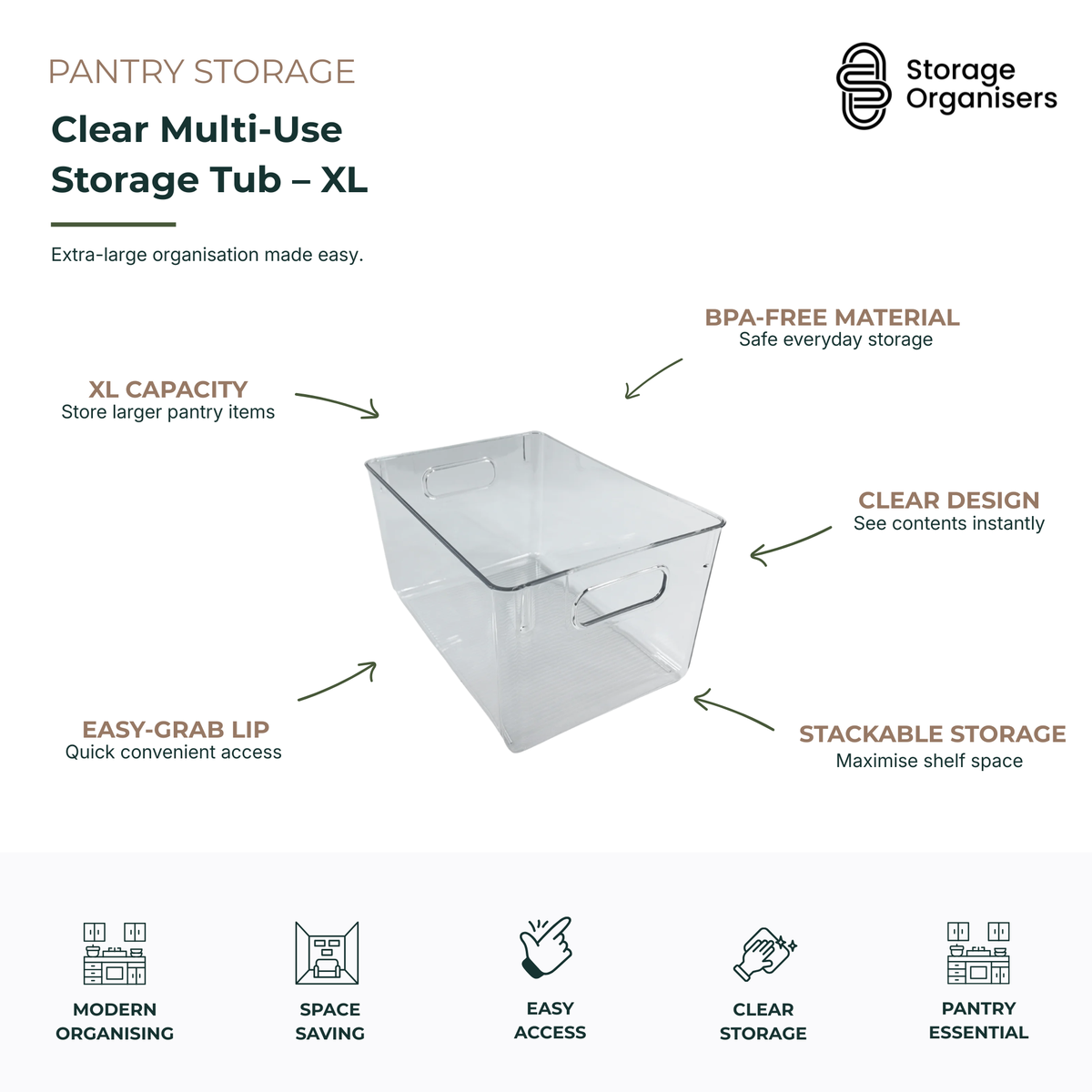 Extra-large clear multi-use storage tub with built-in handles, BPA-free plastic construction, and stackable design, ideal for pantry organisation, fridge storage, and household essentials.