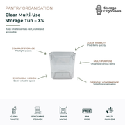 Extra small clear multi-use storage tub designed to keep small household, pantry, fridge and bathroom essentials organised, visible and easy to access. Made from durable BPA-free clear plastic with integrated handles for convenient carrying and retrieval. Its compact size fits neatly into shelves, drawers, cupboards and tight storage spaces, while the stackable design helps maximise vertical storage and reduce clutter. Ideal for organising snacks, packets, sachets, toiletries, craft supplies and everyday es