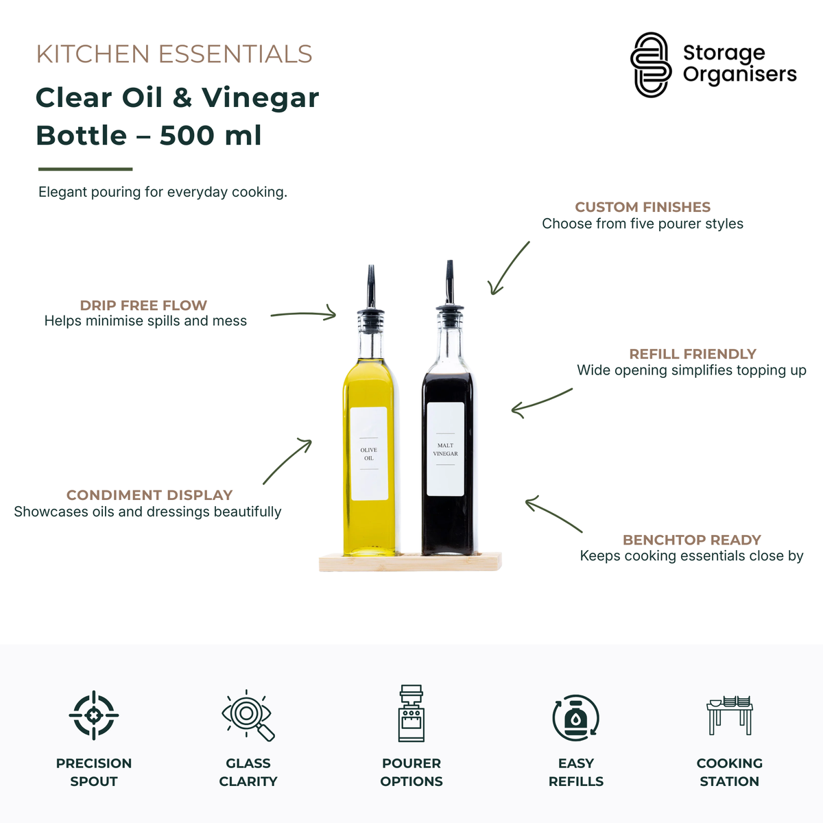 Clear 500ml oil and vinegar bottle with precision pour spout and glass body for controlled, drip-free dispensing. Elegant kitchen storage bottle ideal for olive oil, vinegar, dressings and cooking condiments. Refillable glass oil bottle with wide opening, custom pourer options and stylish benchtop presentation for organised everyday cooking.
