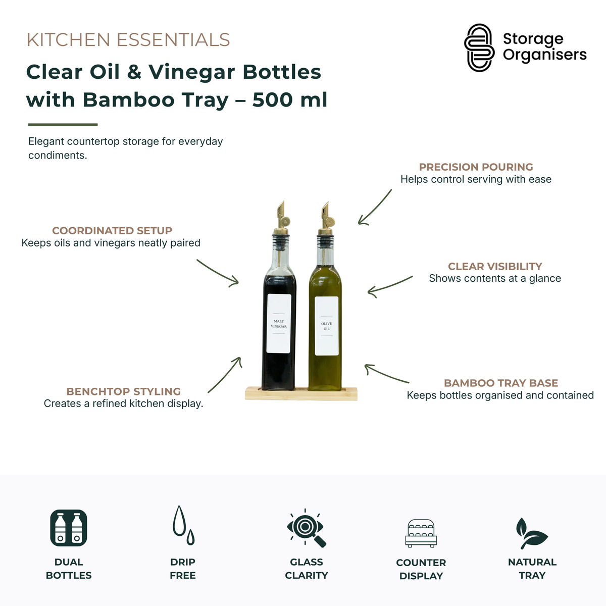 Set of two 500ml clear glass oil and vinegar bottles with precision pour spouts and a natural bamboo tray holder. Designed for organised countertop storage, the bottles provide controlled pouring for olive oil, vinegar, dressings, cooking oils and condiments while helping reduce spills and mess. The transparent glass construction allows quick identification of contents and monitoring of liquid levels. The matching bamboo tray keeps bottles neatly contained, creating a coordinated and stylish kitchen display