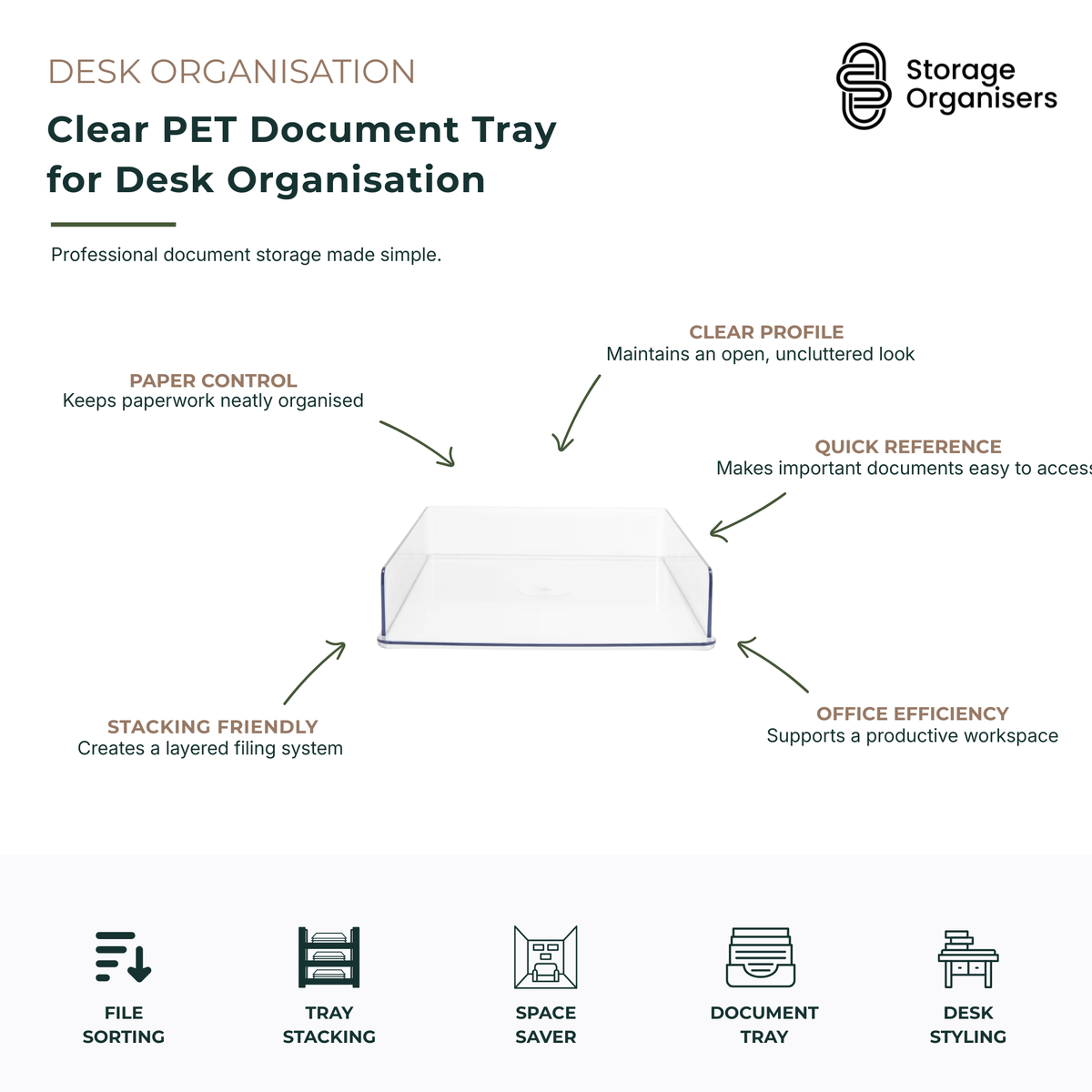 Clear PET document tray for desk organisation designed to keep paperwork, files, folders and office documents neatly sorted and accessible. Transparent desktop document tray provides quick visibility of contents, supports stackable filing systems and helps maintain a clean, professional workspace. Durable PET construction is ideal for home offices, study areas, reception desks and workplace document management while maximising desk space and productivity.