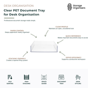 Clear PET document tray for desk organisation designed to keep paperwork, files, folders and office documents neatly sorted and accessible. Transparent desktop document tray provides quick visibility of contents, supports stackable filing systems and helps maintain a clean, professional workspace. Durable PET construction is ideal for home offices, study areas, reception desks and workplace document management while maximising desk space and productivity.