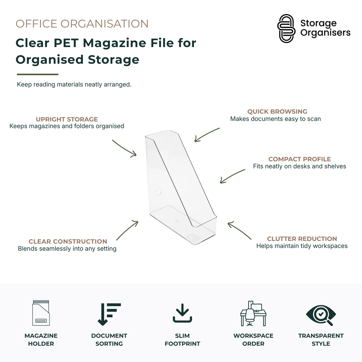 Clear PET magazine file organiser designed for storing magazines, folders, documents, notebooks and office paperwork. Transparent magazine holder keeps reading materials upright, visible and easy to access while maintaining a tidy, clutter-free workspace. Slim profile fits neatly on desks, shelves, bookcases and home office setups. Durable PET construction provides practical document organisation with a clean, modern appearance suitable for offices, study rooms and professional workspaces.
