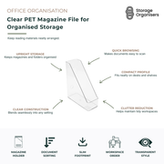 Clear PET magazine file organiser designed for storing magazines, folders, documents, notebooks and office paperwork. Transparent magazine holder keeps reading materials upright, visible and easy to access while maintaining a tidy, clutter-free workspace. Slim profile fits neatly on desks, shelves, bookcases and home office setups. Durable PET construction provides practical document organisation with a clean, modern appearance suitable for offices, study rooms and professional workspaces.