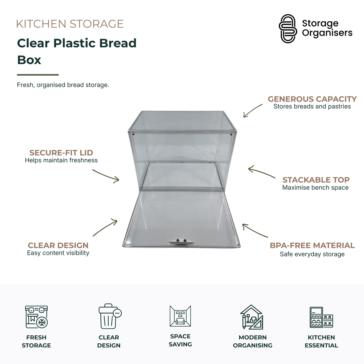 Clear plastic bread box with secure-fit lid and BPA-free construction, designed to keep bread, pastries, and baked goods fresh while providing visible, stackable, and space-saving kitchen storage.