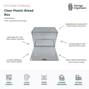 Clear plastic bread box with secure-fit lid and BPA-free construction, designed to keep bread, pastries, and baked goods fresh while providing visible, stackable, and space-saving kitchen storage.