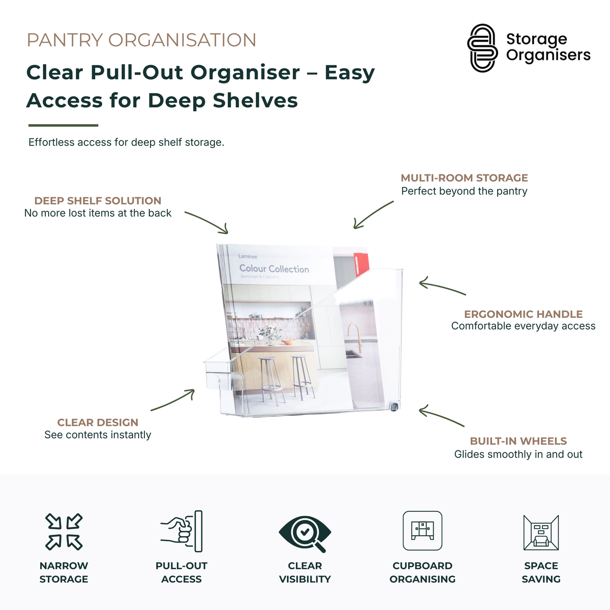 Clear pull-out organiser for deep shelves and pantry storage, featuring an ergonomic handle and built-in wheels for smooth access. Transparent storage bin helps organise kitchen cupboards, pantries, bathrooms, laundries, and under-sink areas while keeping contents visible and easy to reach. Space-saving pull-out storage solution designed to maximise deep shelf organisation and reduce clutter.