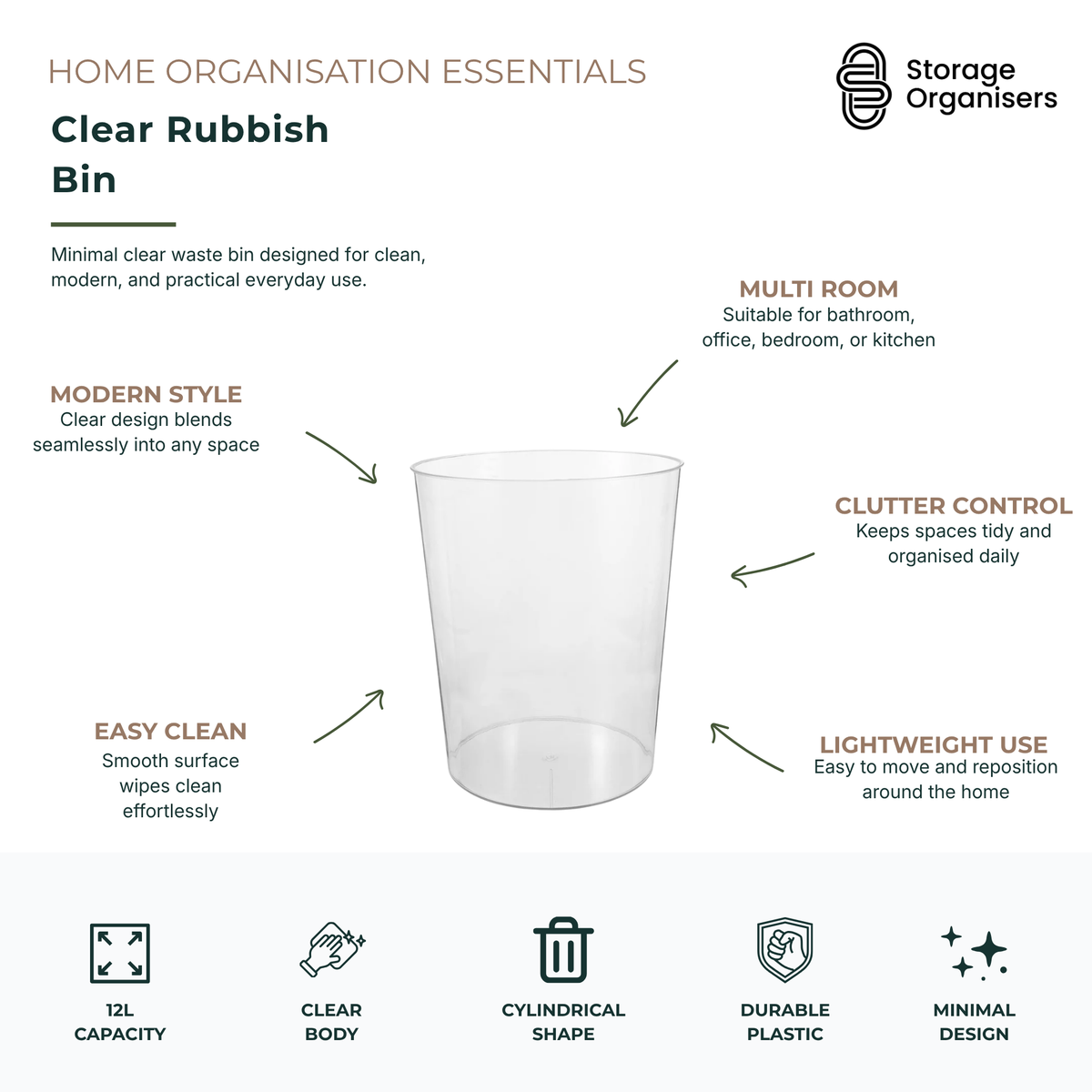 Clear plastic rubbish bin with minimalist cylindrical design for bathroom, office, bedroom, and kitchen waste organisation use