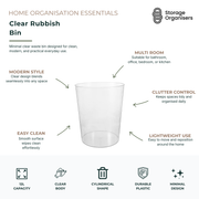 Clear plastic rubbish bin with minimalist cylindrical design for bathroom, office, bedroom, and kitchen waste organisation use
