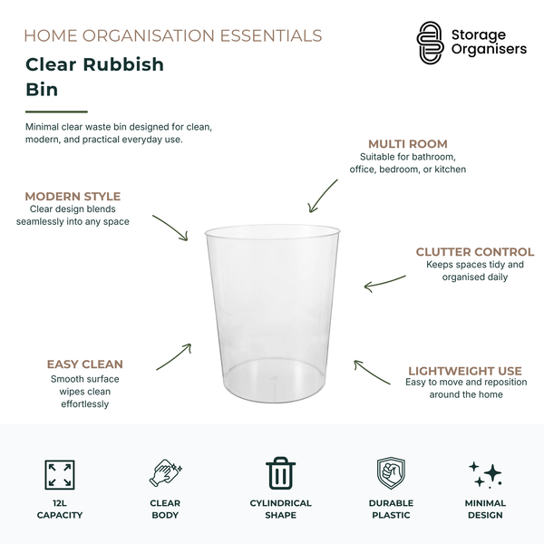 Clear plastic rubbish bin with minimalist cylindrical design for bathroom, office, bedroom, and kitchen waste organisation use