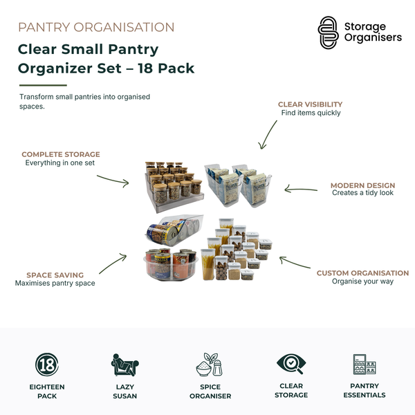 18-piece clear pantry organiser set featuring storage containers, spice jars, lazy Susan turntables, and pantry organisation essentials for creating a neat and clutter-free kitchen. Designed to maximise pantry space with clear visibility for easy item identification, custom organisation options, and space-saving storage solutions. Ideal for organising spices, dry goods, snacks, canned foods, baking ingredients, and everyday pantry essentials while maintaining a clean and modern pantry aesthetic.