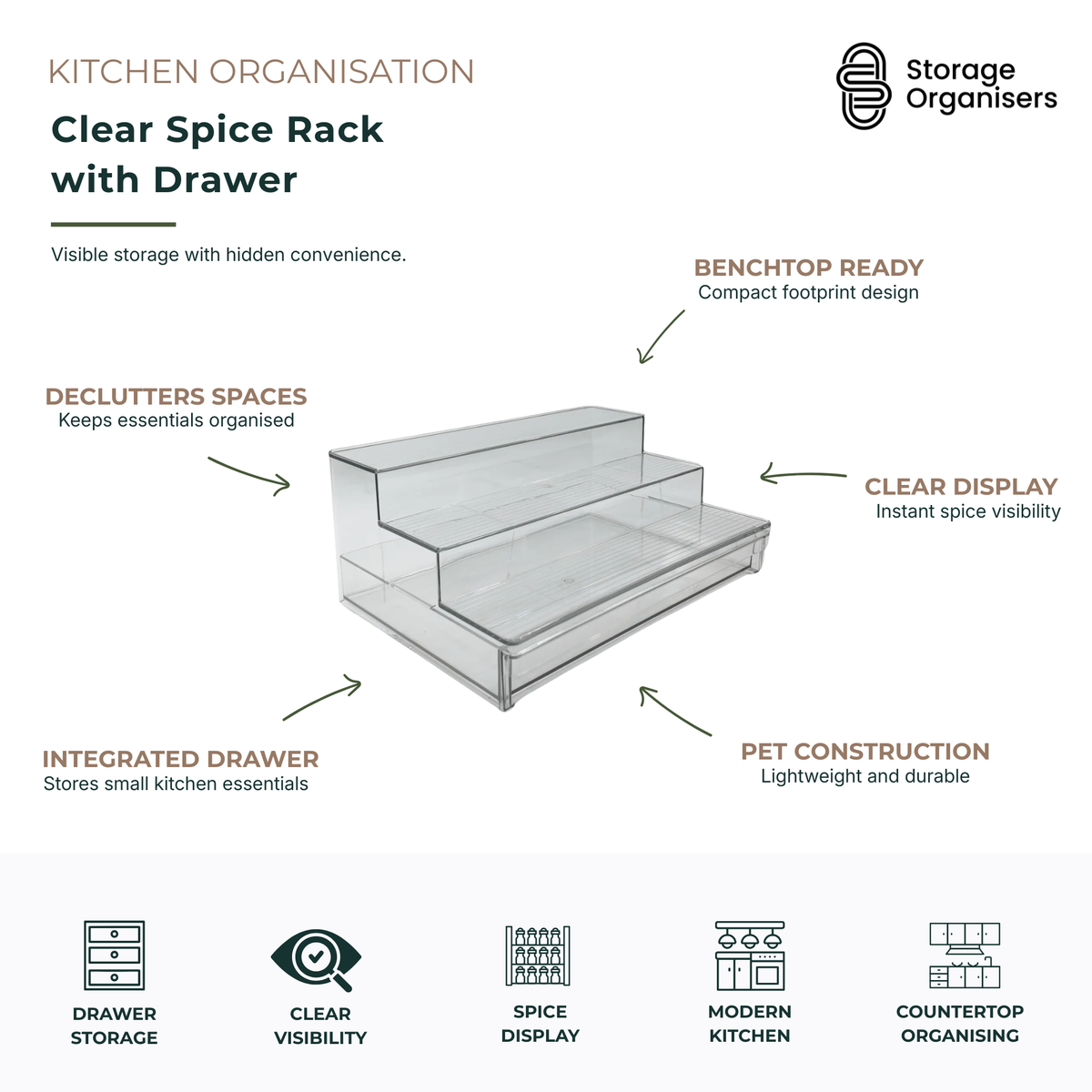 Clear acrylic spice rack with integrated drawer, tiered display shelves, and transparent PET construction. Designed for organising spice jars, seasonings, and small kitchen essentials while maximising countertop space and visibility.