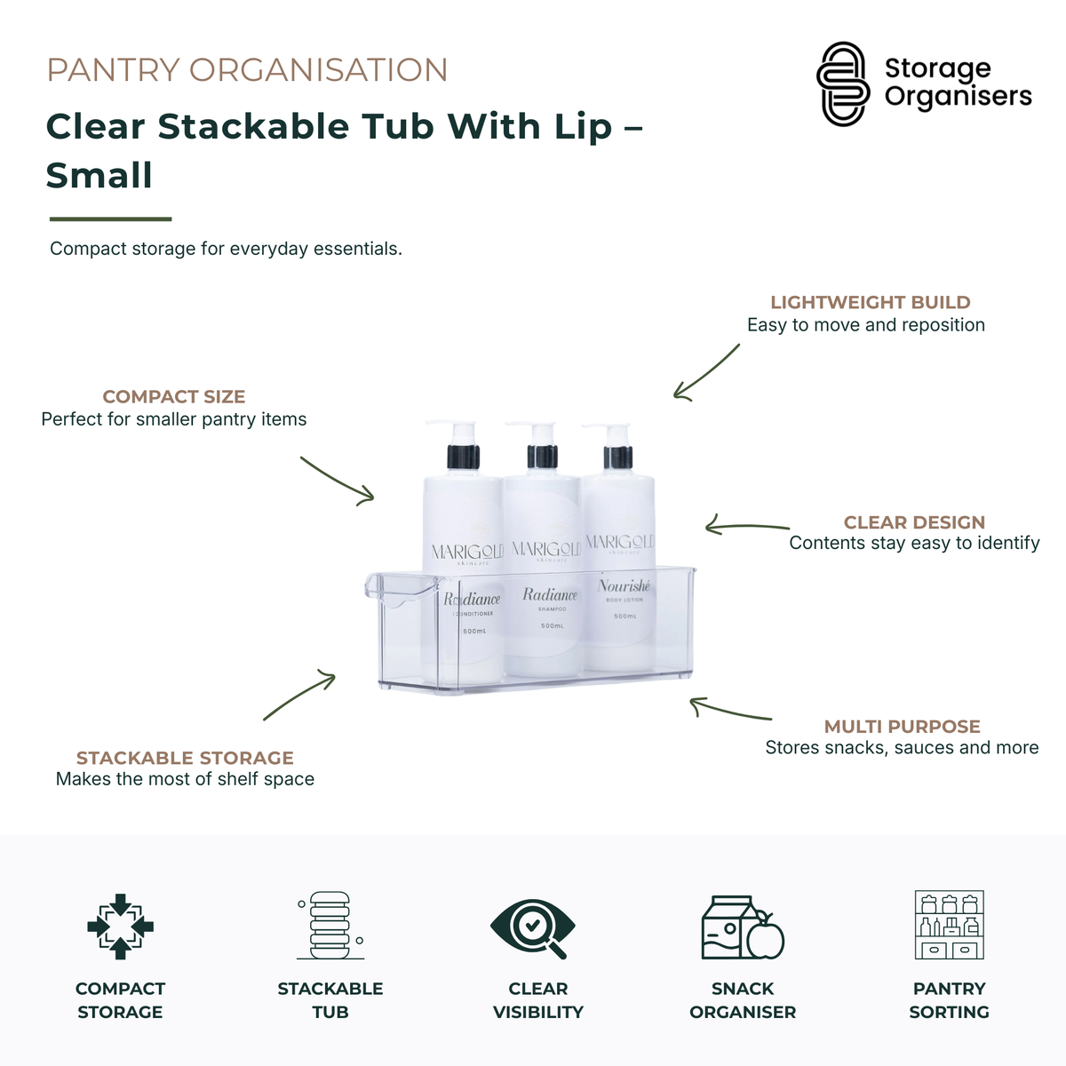 Small clear stackable storage tub with built-in lip handle for pantry, fridge, cabinet, and shelf organisation. Transparent plastic organiser designed for storing snacks, sauces, packets, condiments, and everyday essentials while maximising vertical storage space. Lightweight, durable, and stackable design provides clear visibility and easy access to stored items in kitchens, pantries, and utility areas.