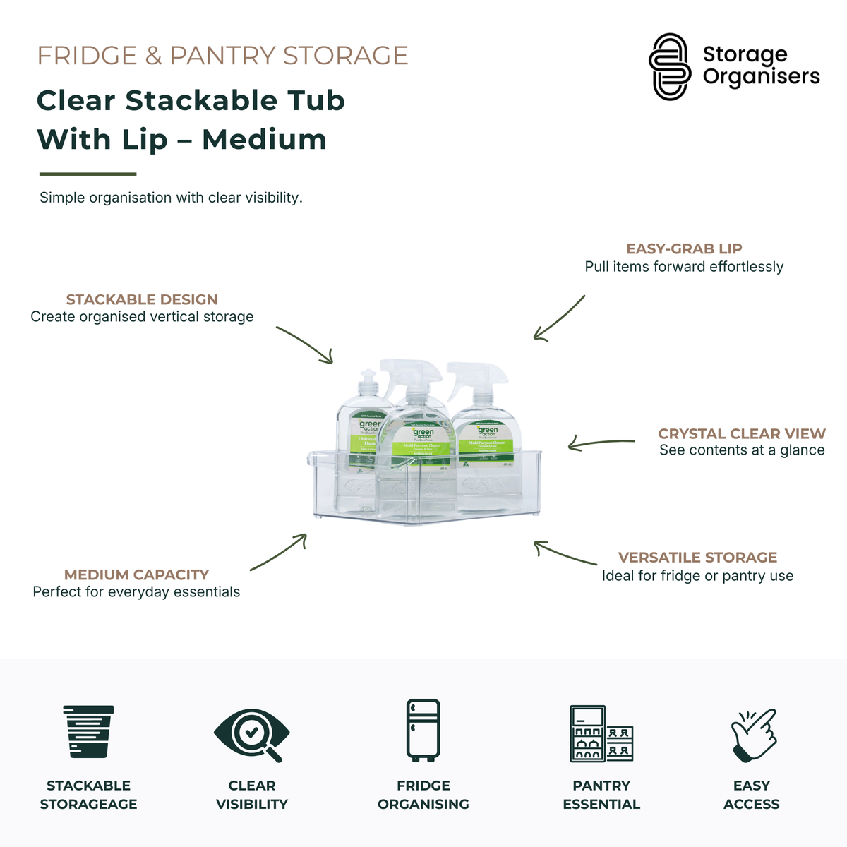 Medium clear stackable storage tub with integrated front lip handle for fridge and pantry organisation. Transparent storage bin designed for easy access, clear visibility, and vertical stacking of household essentials, condiments, beverages, snacks, and pantry items. Durable fridge organiser and pantry storage container that maximises shelf space while keeping contents neat and easy to find.