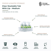 Medium clear stackable storage tub with integrated front lip handle for fridge and pantry organisation. Transparent storage bin designed for easy access, clear visibility, and vertical stacking of household essentials, condiments, beverages, snacks, and pantry items. Durable fridge organiser and pantry storage container that maximises shelf space while keeping contents neat and easy to find.
