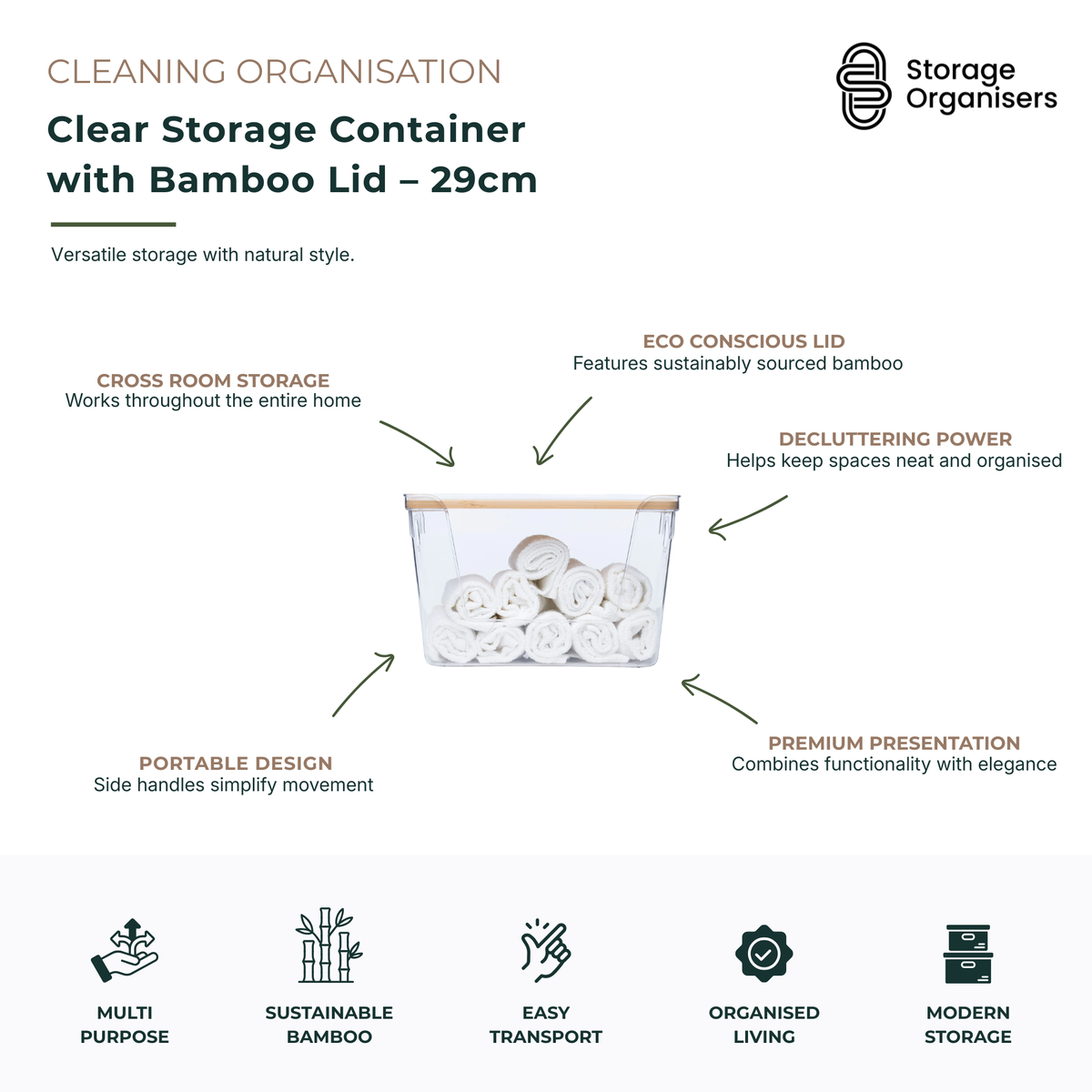 29cm clear storage container with bamboo lid designed for organised home storage and decluttering. Transparent storage bin with side handles allows easy visibility of contents while the sustainable bamboo lid adds a natural, modern touch. Ideal for bathrooms, laundry rooms, linen closets, kitchens and general household organisation. Durable multipurpose storage container combines elegant presentation, portability and practical everyday storage.