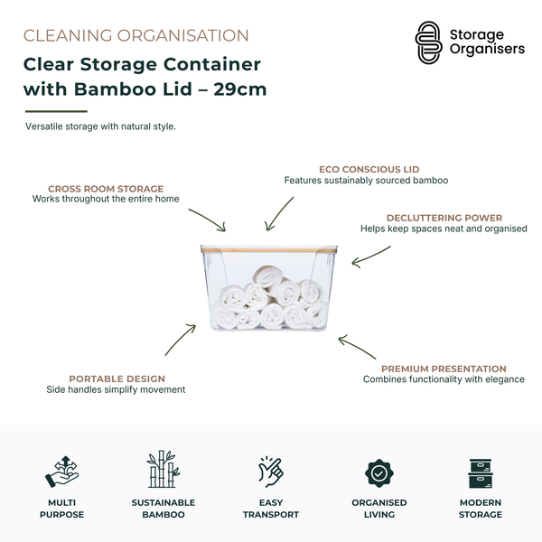 29cm clear storage container with bamboo lid designed for organised home storage and decluttering. Transparent storage bin with side handles allows easy visibility of contents while the sustainable bamboo lid adds a natural, modern touch. Ideal for bathrooms, laundry rooms, linen closets, kitchens and general household organisation. Durable multipurpose storage container combines elegant presentation, portability and practical everyday storage.