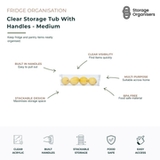 Medium clear storage tub with built-in handles, designed for fridge, pantry and household organisation. Ideal for storing fruit, vegetables, snacks, drinks, condiments, meal prep ingredients and everyday essentials while keeping contents visible and easy to access. Features durable BPA-free clear plastic construction, integrated carry handles, stackable design and versatile storage functionality to maximise space and maintain a tidy, organised home.
